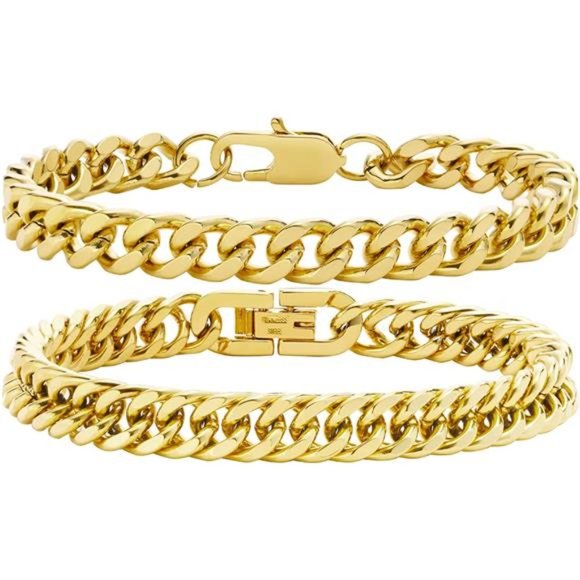 2Pcs Cuban Link Chain Bracelet Sturdy Stainless Steel Curb Width Cuban Link - Picture 1 of 6